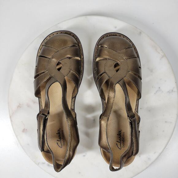 Clarks Bendables Leather Sandals Womens 7 Gold Metallic Slingback Closed Toe - Picture 6 of 13